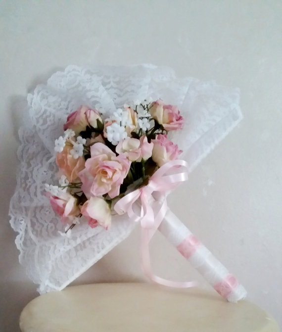 زفاف - Lace fan Bridal Bouquet Pink white silk Wedding Flowers cottage Ready to ship accessories Southern victorian style artificial bokay
