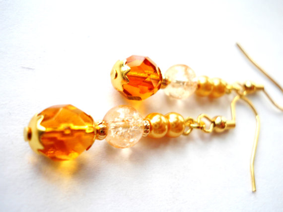 Hochzeit - Goldenrod Bridal Pearl Earrings, Amber Czech Glass Dangle Earrings, Fashion Accessories, Gold and Amber Romantic Beaded Jewelry