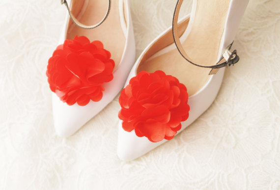 Hochzeit - Red Satin Flower Shoe Clips - Wedding Shoes Bridal Couture Engagement Party Bride Bridesmaid
