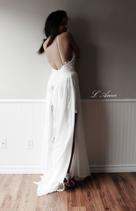 Wedding - Custom made Sexy Backless White / Ivory Lace Long Chiffon Boho Beach Wedding Dress