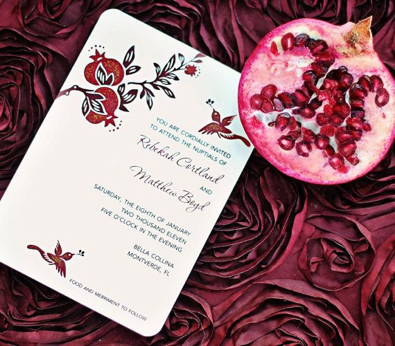 Hochzeit - Pomegranate Wedding Invitations - Hand Painted And Embellished With Glitter