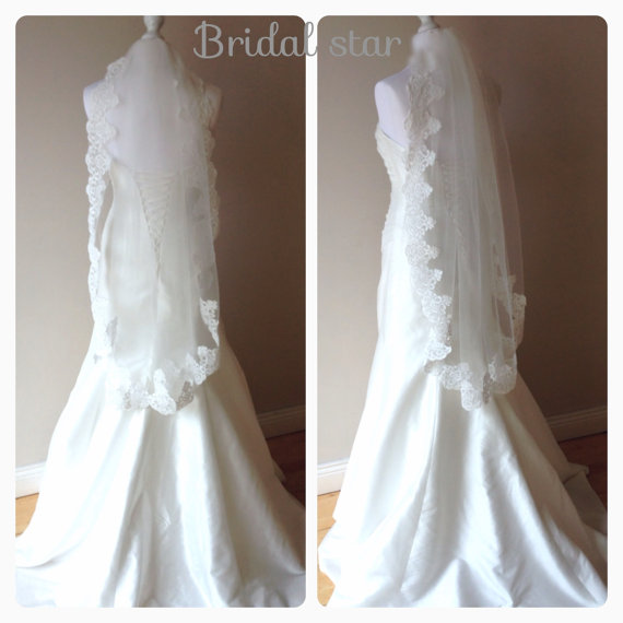 زفاف - Lace wedding veil ivory lace fingertip veil ivory lace veil, rose
