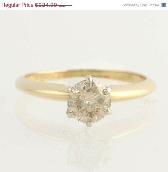 Hochzeit - 15% Off Genuine Round Champagne Diamond Solitaire Engagement Ring - .87ct 14k Gold Stuller p9664