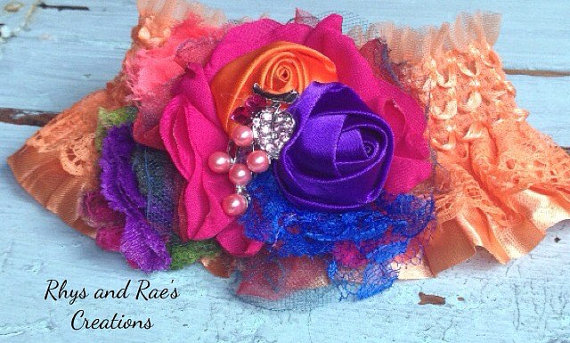 Hochzeit - Orange, Hot Pink, Purple, Lace Flower Garter, Orange Bridal Garter, Keepsake Garter, Beach Wedding Garter, Tropical, Fabric Flower Garter
