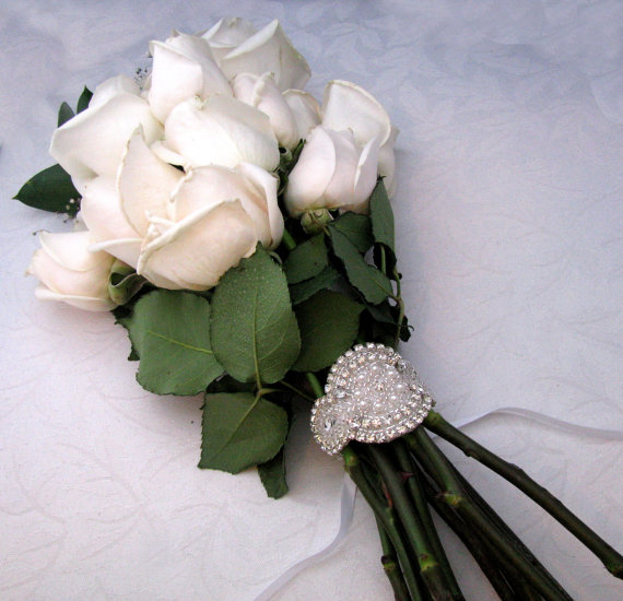 زفاف - Pearl and Crystal Bridal Bouquet Wrap, Wedding Rhinestone Bouquet Jewelry, Satin Ribbon Bouquet Decoration, 35 Satin Color Options
