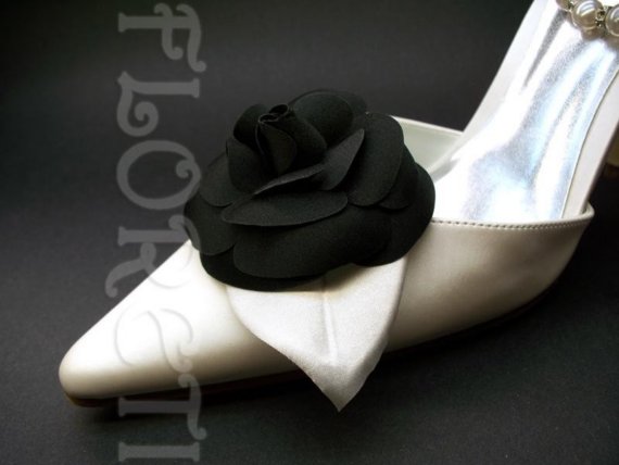 Hochzeit - Black Couture Camellia Bridal Shoe Clips Flower Accessories w/White Leaf -Ready Made