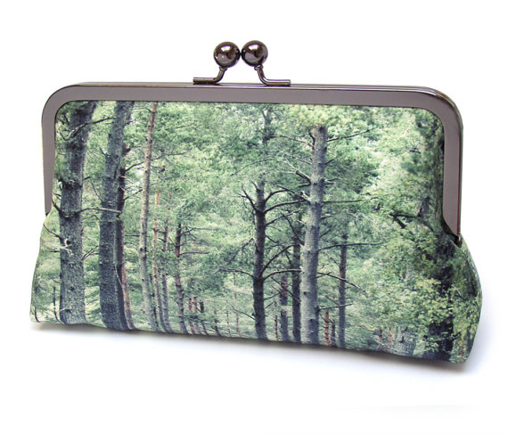 Mariage - Silk clutch purse, tree woodland bag, wedding, bridesmaid, GREEN FOREST