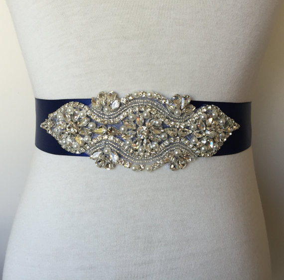 Hochzeit - Navy Sash-Rhinestone Sash-Bridal Sash-Crystal Sash-Pearl Sash-Wedding Dress Belt-1.5 Inch Ribbon-Victorian Crystal Pearl Applique Navy  Sash