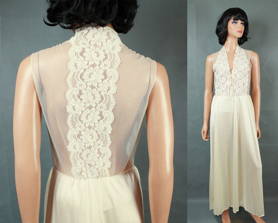 زفاف - Sexy Vintage Nightgown M Long Sleeveless Off White Cream Sheer Lace Chiffon Bust Free US Shipping
