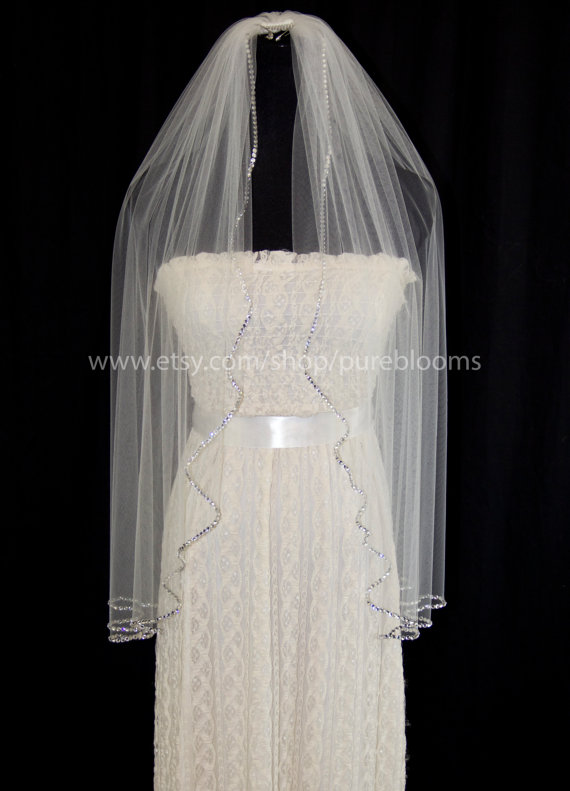 Свадьба - Wedding Veil with Solid Crystal Edge, Elbow Length Crystal Bridal Veil, 30 inch, White Diamond Ivory Veil, Style 1065 'Kara'