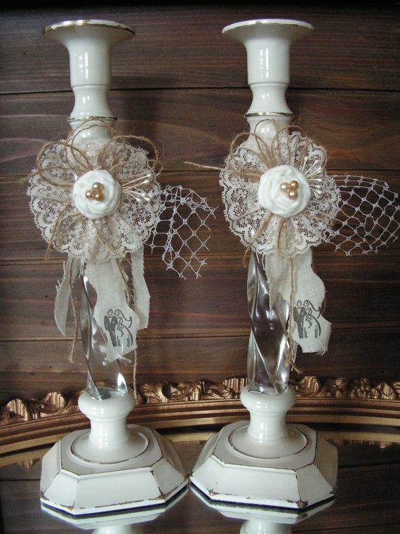 Mariage - Wedding Candlestick, Centerpieces, Candleholder ,  Candle Holders with Lace, - RESERVE FOR CAROLINE.