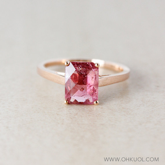 زفاف - Pink Tourmaline Engagement Ring - Emerald Cut - 10K Rose Gold