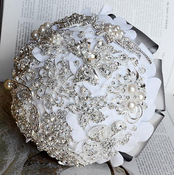 Hochzeit - Vintage Bridal Brooch Bouquet - Pearl Rhinestone Crystal - Silver White Grey - One Day RUSH ORDER Availabe - BB012LX