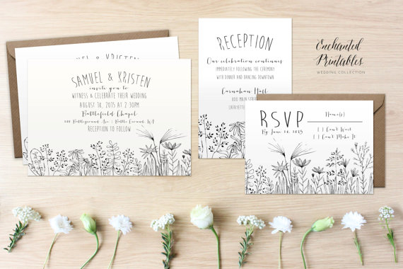 Hochzeit - DIY Printable Rustic Wedding Invitation Set, Country Wedding Invitation Suite With Invite, RSVP and Detail Card, Wildflowers Wedding Invites