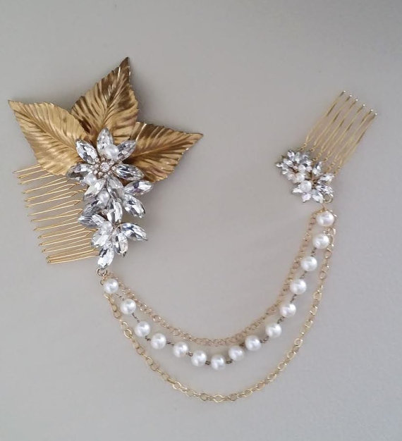 Wedding - Gold Wedding Headpiece, Gold Bridal Hair Comb, Freshwater pearl Hair Accessory