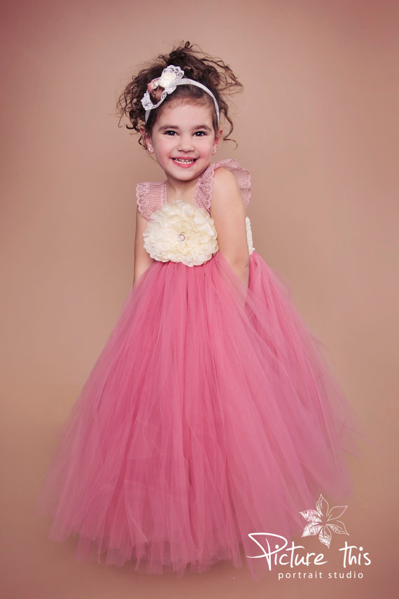 Mariage - Dusty Rose and Ivory Flower Girl Dress- Tutu Dress- Birthday Tutu Dress- Rose Flower girl dress-Pink Tutu Dress.. Flower girl tutu