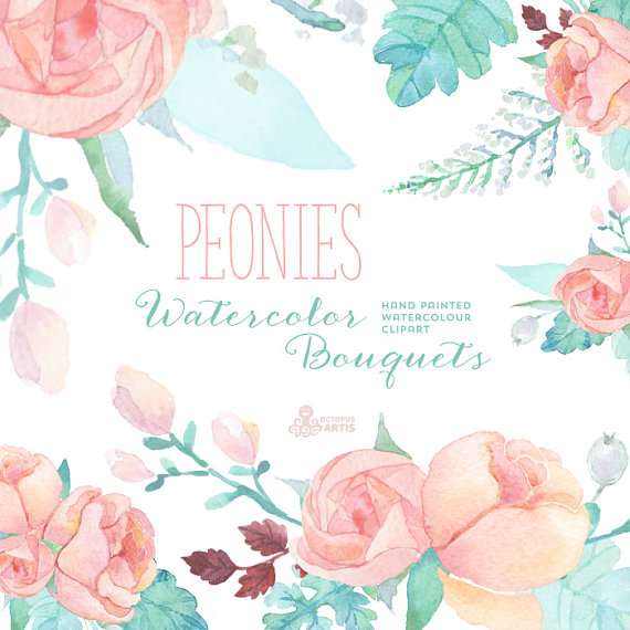 زفاف - Peonies Watercolor Bouquets: Digital Clipart. Hand painted watercolour floral, wedding diy elements, flowers, invite, printable, blossom
