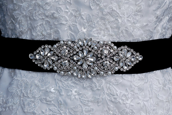 Hochzeit - Beaded Sash , Black Beaded Belt ,  Wedding Sash Belt , Bridal Belt , Bridal Sash , Prom Belt Sash , Crystal Beaded Applique