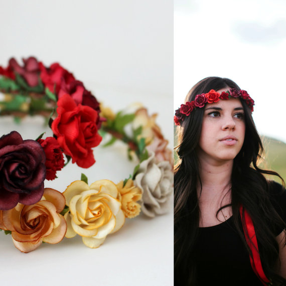 Свадьба - Red Floral Crown, Wedding, Rustic, Bridal Headpiece, red wedding, bridesmaids, Hair Accessories, flower crown, boho, fall, autumn