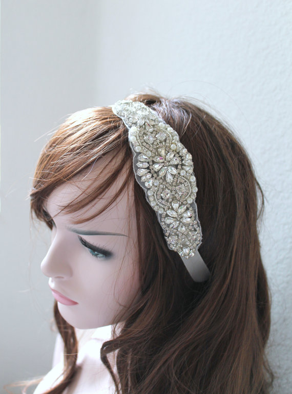 Hochzeit - Bridal beaded crystal, pearl headband. Rhinestone applique wedding headpiece tiara. VINTAGE MODE