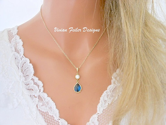 Mariage - Blue Wedding Jewelry GOLD Sapphire Blue Necklace Bridal Cubic Zirconia Bridesmaid Gift Bridal Party Bridesmaid Necklace Maid of Honor