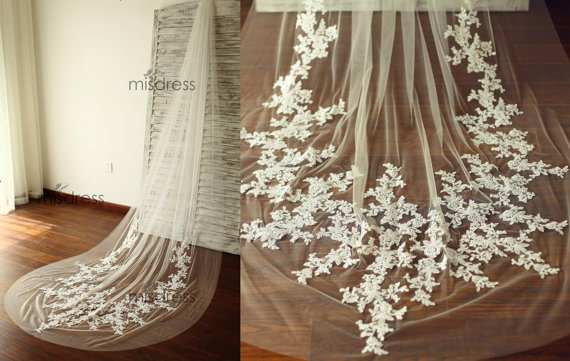 Hochzeit - French Alencon Lace Veil/Bridal Veil/Wedding Veil/3M Long Cathedral Veil/Comb Veil/Lace Appliques Veil/Bridal Headpiece