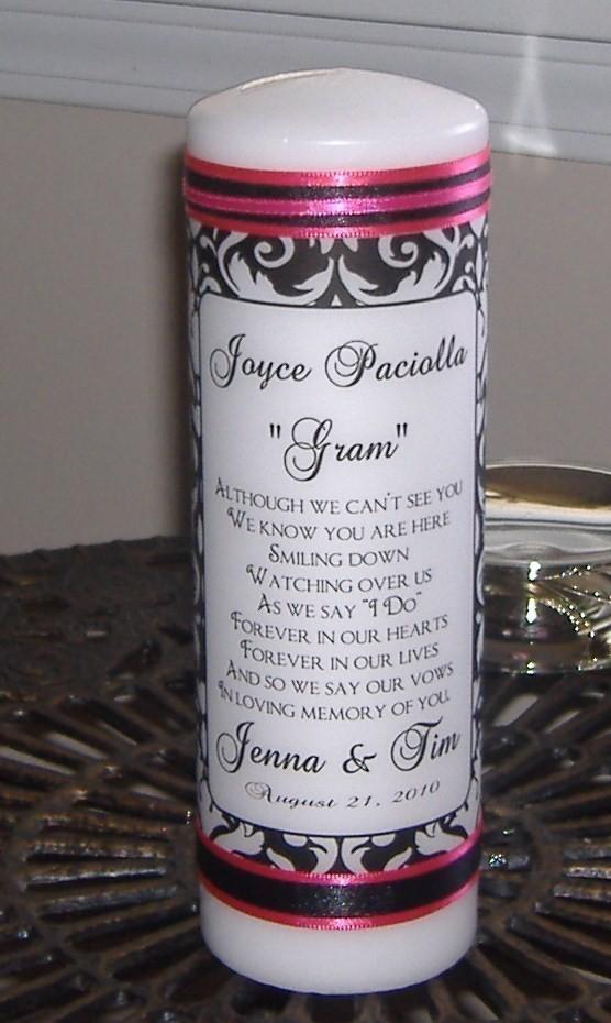 Mariage - Black White Damask Memorial Candle with Glass Plate or choose your damask color