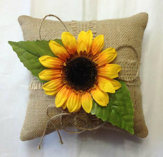 Hochzeit - Burlap Ring Bearer Pillow Sunflower  Rustic Wedding Shabby Garden Woodland - We Do Custom Pillows