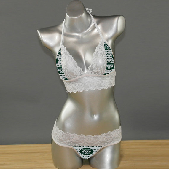 زفاف - Sexy handmade with NFL New York Jets fabric with white scallped lace accent top with matching G string panty lingerie set