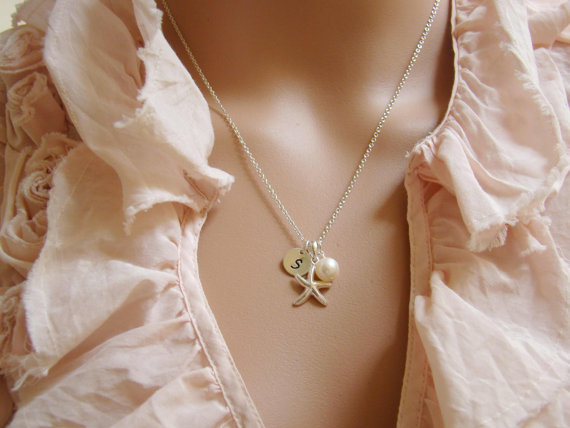 زفاف - Private Listing for Amalia, 5 Bridesmaids Starfish Necklaces, Personalized Sterling Silver Initial Necklaces, Beach Wedding Jewelry