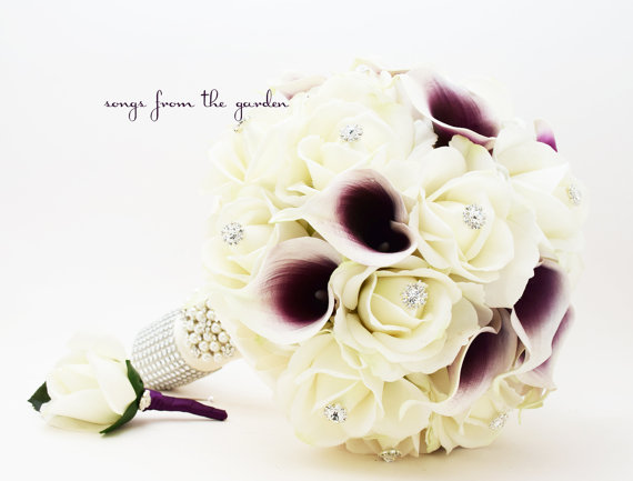 Свадьба - Real Touch Bridal Bouquet Picasso Callas Roses Rhinestones - White Plum Purple & Groom's Boutonniere - Real Touch Bridal Bouquet Plum Purple