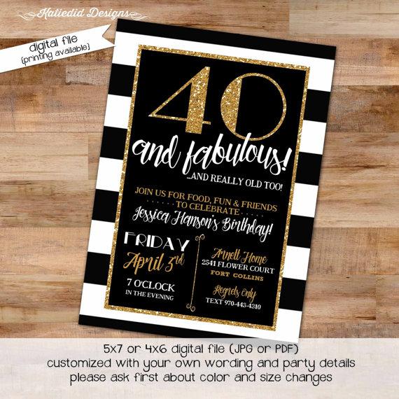 Hochzeit - 40th Birthday invitation black and white stripe gold retirement surprise party Graduation Announcement engagement baptism wedding (item 239)