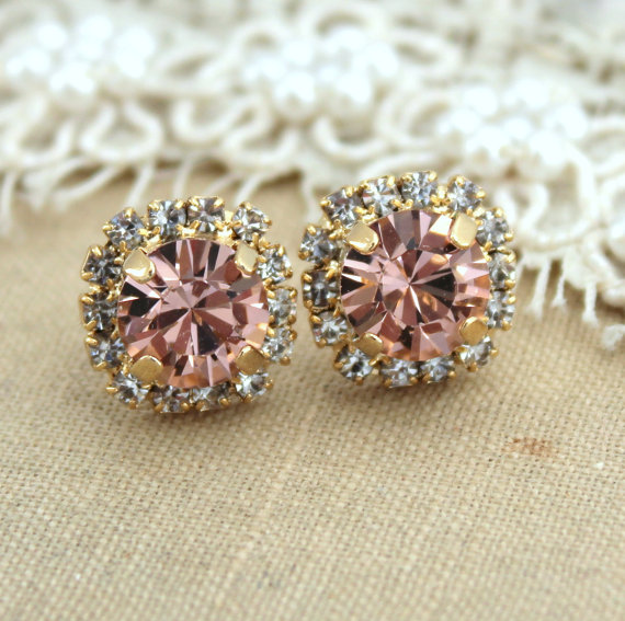 زفاف - Pink blush Stud earrings Blush Pink Swarovski earrings vintage Rose Peach bridesmaids jewelry, Blush Pink bridal earrings light pink studs