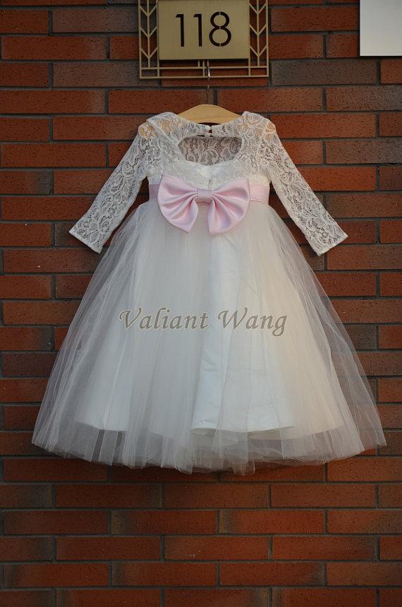 Mariage - Ivory Lace Tulle Flower Girl Dress Wedding Baby Girls Dress Pink Sash/Bow Rustic Baby Birthday Dress Knee Length Long Sleeves