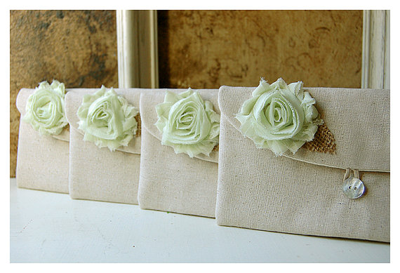 زفاف - mint pearls rustic bag clutch set 3 4 5 wedding raw cotton linen rose purse Personalize Bridesmaid party Custom Pouch gift MakeUp
