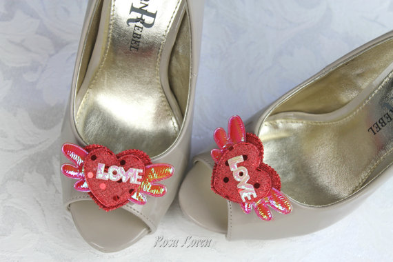 Wedding - Valentine Shoe Clips, Red Winged Love Heart Shoe Clips, Red Retro Heart Shoe Clip, Red Wedding Accessories Shoes Clip