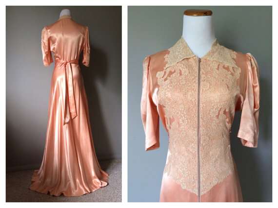 Hochzeit - Vintage 1930s 1940s Antique Lace and Satin Dress Gown Peach Bridal Wedding Night Gown Sexy Lingerie Long Maxi Dressing Size Small Medium