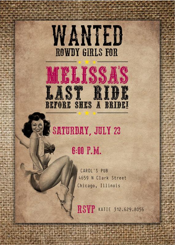 Hochzeit - Bachelorette Party/Hen's Night Invitation : Bride's Last Ride/Hoedown/Rodeo with Pin Up Cowgirl