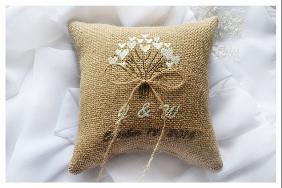 Mariage - Burlap Wedding pillow , love tree wedding pillow , ring bearer pillow, ring bearer pillow with Custom embroidery (R36B)