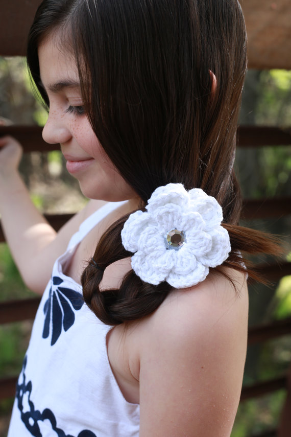 Hochzeit - White Hair Clip White Sparkle Hair Clip Crochet Flower Hair Clip Flower Barrette White Barrette Flower Girl Hair Clip Wedding Christening