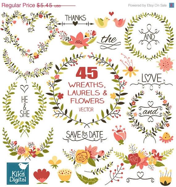 Mariage - 70% SALE Laurels and Wreaths Clip Art - Hand Drawn Wreaths, Laurels and Flowers Clipart, Wedding Laurels Vector - INSTANT DOWNLOAD