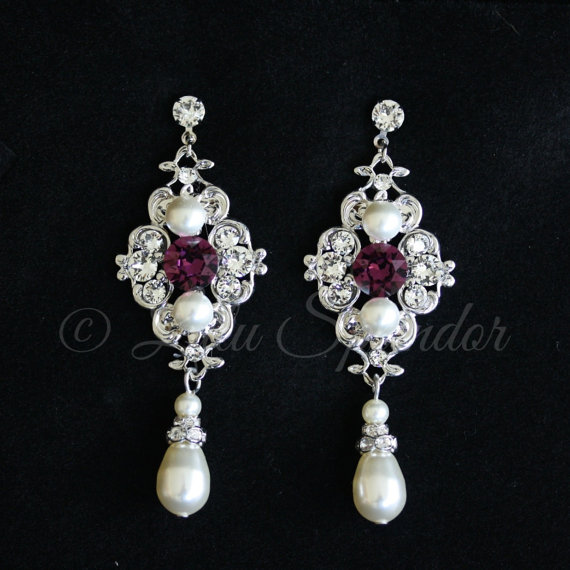 زفاف - Vintage style Wedding Earrings Color Rhinestone Bridal Earrings with Swarovski Pearl and Crystals, Wedding Jewelry LEILA COLOR
