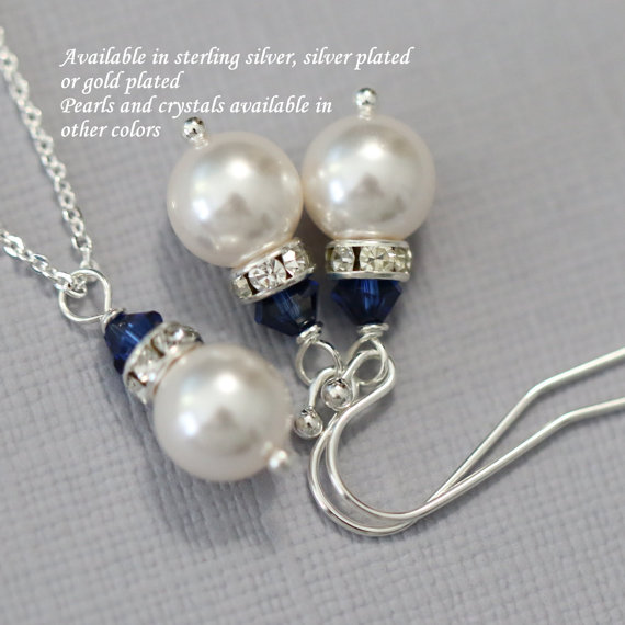 زفاف - CHOOSE YOUR COLORS Simple Bridesmaid Gift, Swarovski White Pearl Necklace and Earring Set, Bridesmaid Jewelry Set