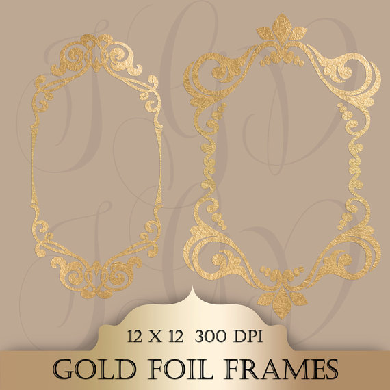 Wedding - Gold Foil Frames Digital Clip Art - hand drawn gold frames transparent background for scrapbooking, invitations, photography templates