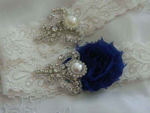 Mariage - Wedding Garter Set, Pearl and Rhinestone Garter Set, Royal And Ivory Bridal Garter Set