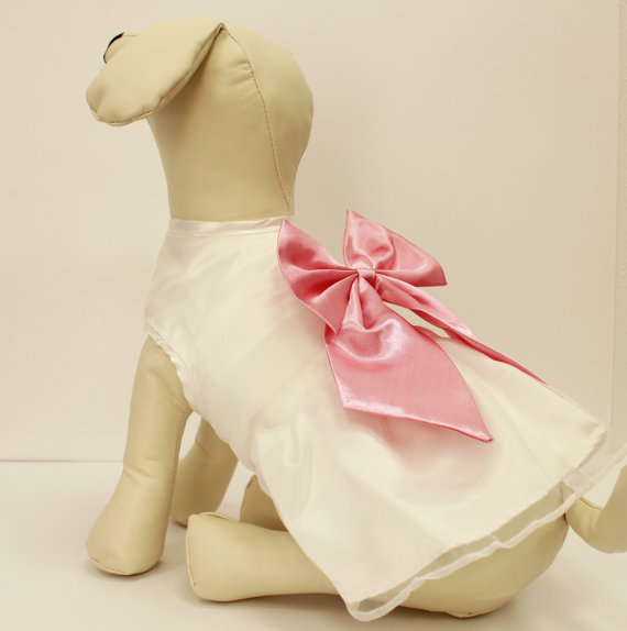 Wedding - White Dog Dress, Pink Bow, Dog Birthday gift, Pet wedding accessory, dog clothing, Chic, classy, Pink and White dress