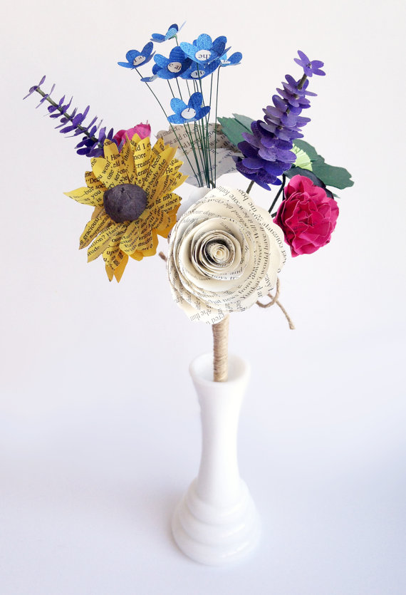Hochzeit - Wildflower Bouquet - Toss, Flower Girl, or Bridesmaid Bouquet with Forget-Me-Nots, Anemones, Lavender, etc. - Book Page Paper Wedding