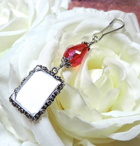 Wedding - Wedding bouquet photo charm. Memorial picture frame charm with Red teardrop crystal.