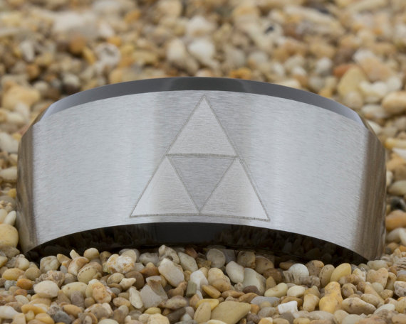 Wedding - 10mm Beveled-Tungsten Zelda Design, Mens Black Tungsten Ring, Wedding Jewelry, Tungsten Carbide Ring, Engagement Ring, Free Inside Engraving