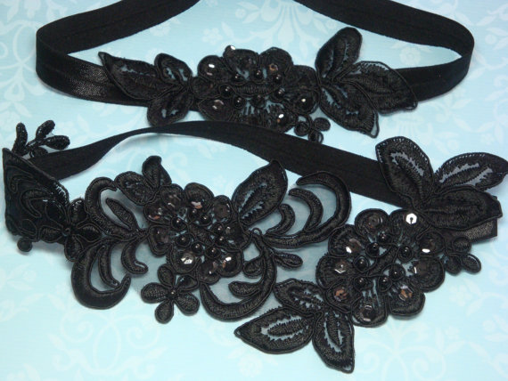 زفاف - Black Beaded Lace Wedding Garter Set